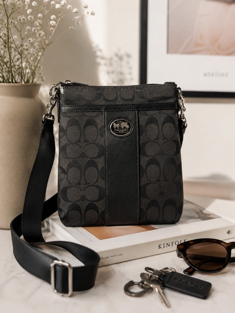 Authentic Coach Signature Black Crossbody Bag | Front & Back Slip Pockets